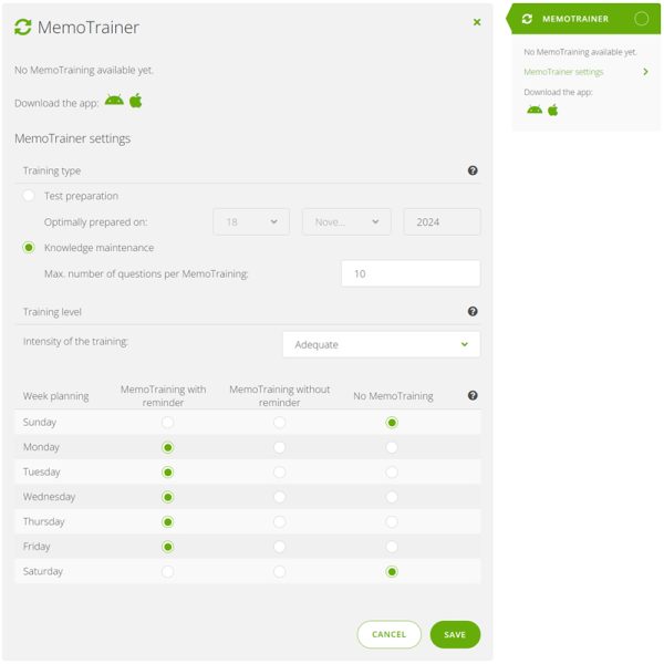 MemoTrainer Settings